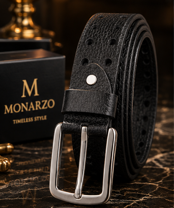 Premium Monarzo black perforated leather belt in luxury packaging