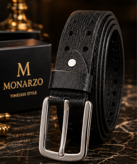 Premium Monarzo black perforated leather belt in luxury packaging