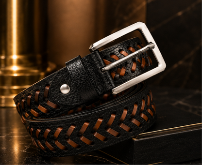 Premium braided genuine leather belt with black and brown woven design