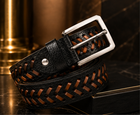 Premium braided genuine leather belt with black and brown woven design