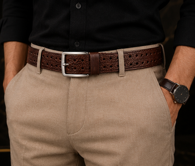 Premium perforated leather belt for office and casual wear