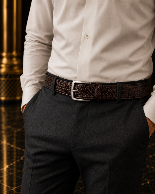 Premium textured dark brown genuine leather belt with metal pin buckle