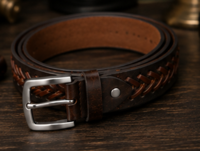 Rolled Monarzo Artisan Braid leather belt with classic silver buckle