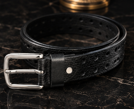Rolled black perforated leather belt with polished silver pin buckle