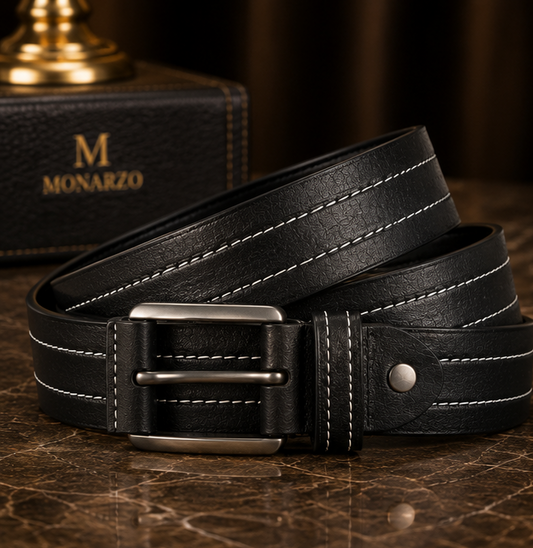 Rolled black textured cow leather belt with white contrast stitching