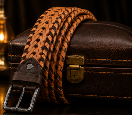 Two-tone tan and dark-brown woven leather belt displayed on gift box