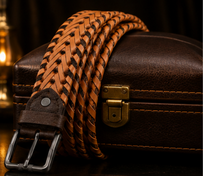 Two-tone tan and dark-brown woven leather belt displayed on gift box