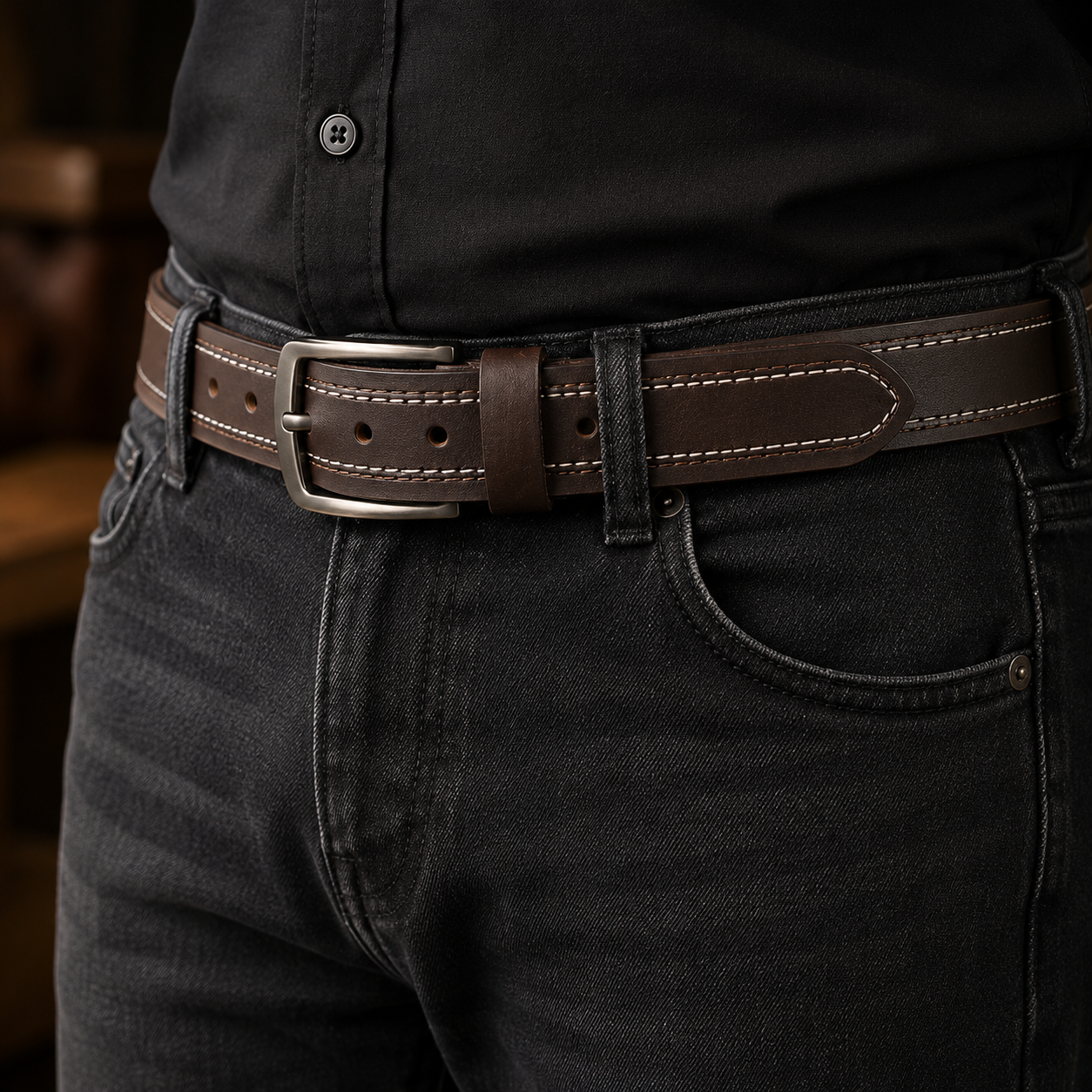 Monarzo Genuine Leather Men's Belt – Dark Brown Double Stitch Casual & Formal Belt with Matte Metal Buckle