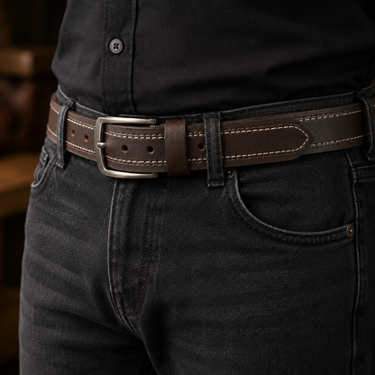 Monarzo Genuine Leather Men's Belt – Dark Brown Double Stitch Casual & Formal Belt with Matte Metal Buckle
