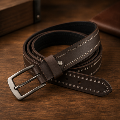 Monarzo Genuine Leather Men's Belt – Dark Brown Double Stitch Casual & Formal Belt with Matte Metal Buckle
