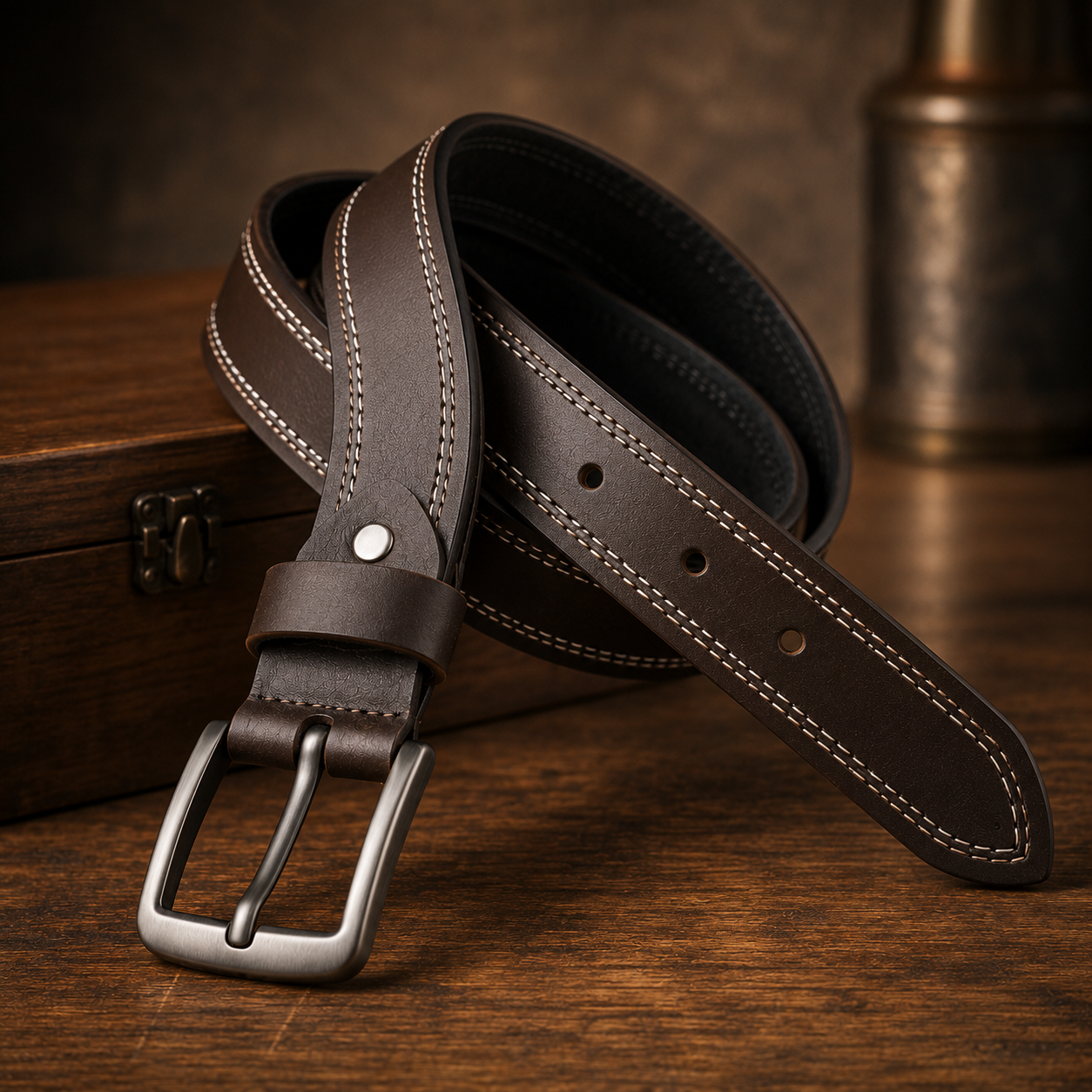Monarzo Genuine Leather Men's Belt – Dark Brown Double Stitch Casual & Formal Belt with Matte Metal Buckle