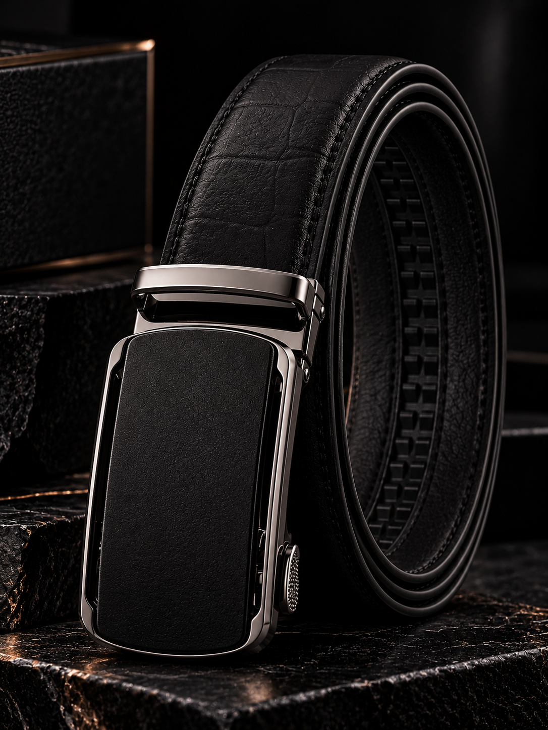 Monarzo Eclipse black textured leather auto-lock belt rolled upright, showing the rectangular buckle and embossed strap pattern.