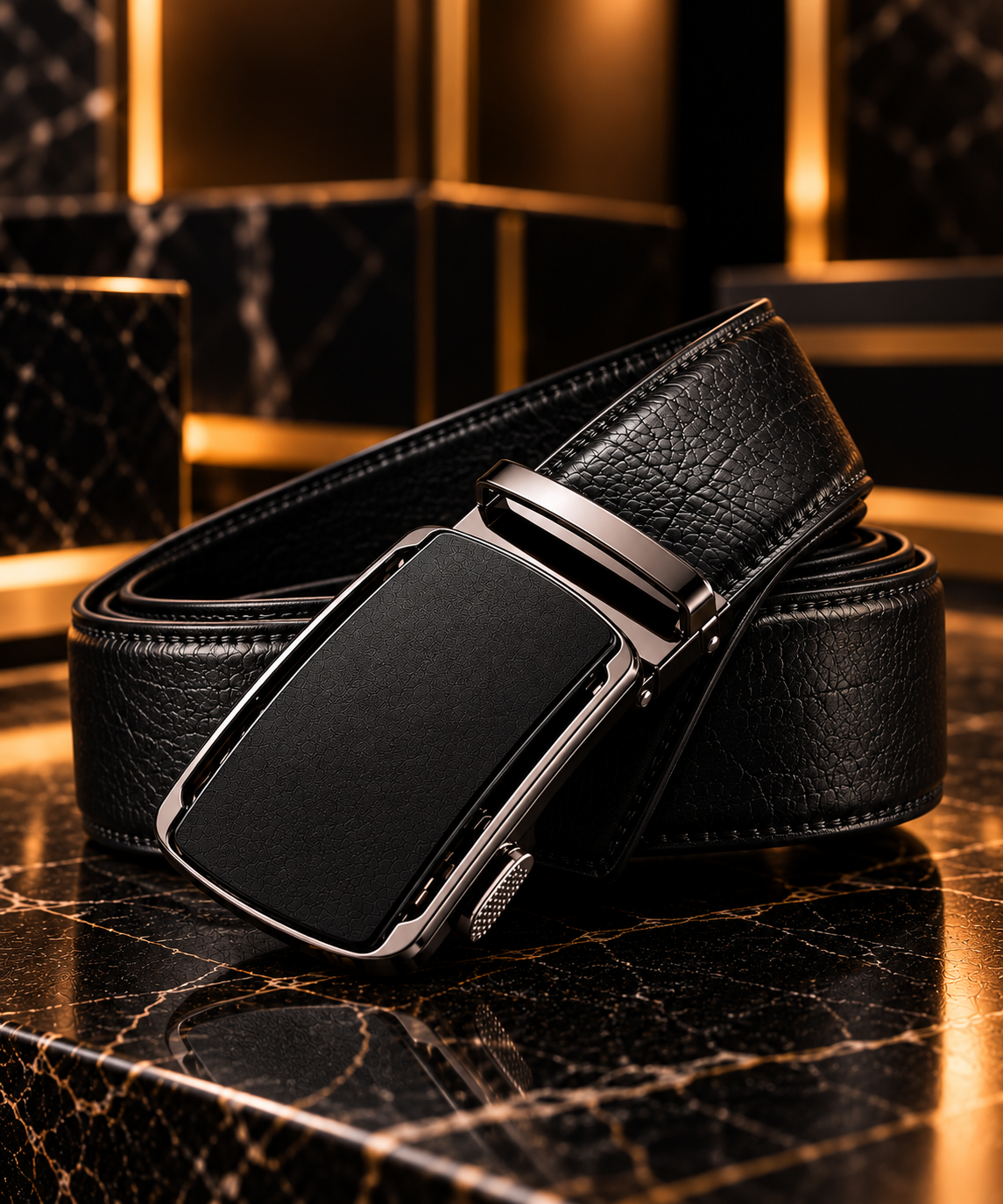 Close-up of the Monarzo Eclipse black textured leather strap and rectangular auto-lock buckle on a dark marble surface.