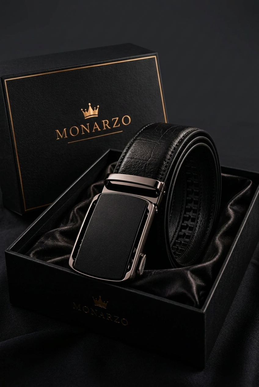 Monarzo Eclipse black textured leather auto-lock belt displayed in a black gift box with gold branding.