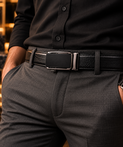 Man wearing a black textured leather auto-lock belt with rectangular buckle, black shirt and grey formal trousers.