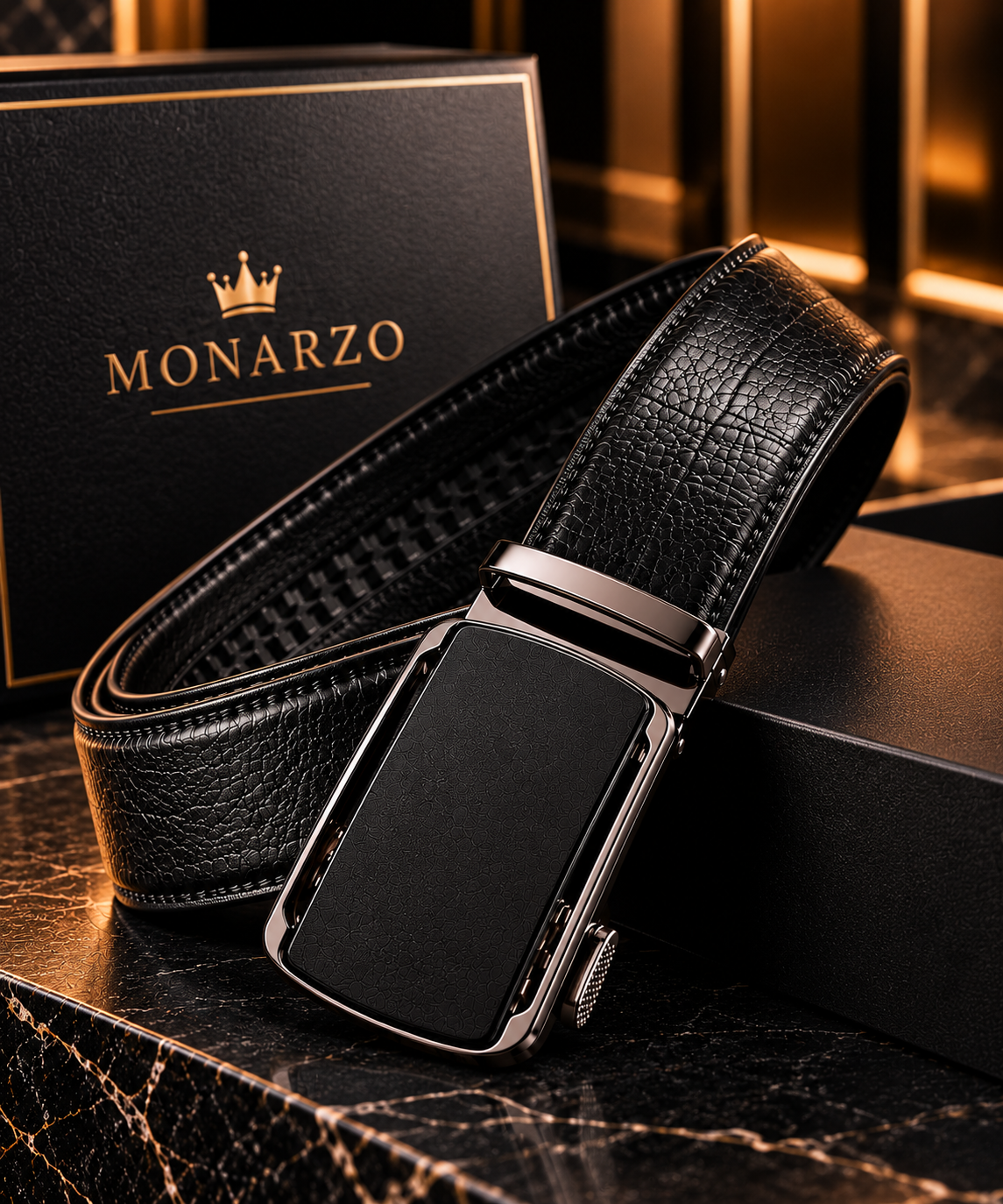 Monarzo Eclipse black textured genuine leather auto-lock belt with rectangular dark metallic buckle and branded gift box.