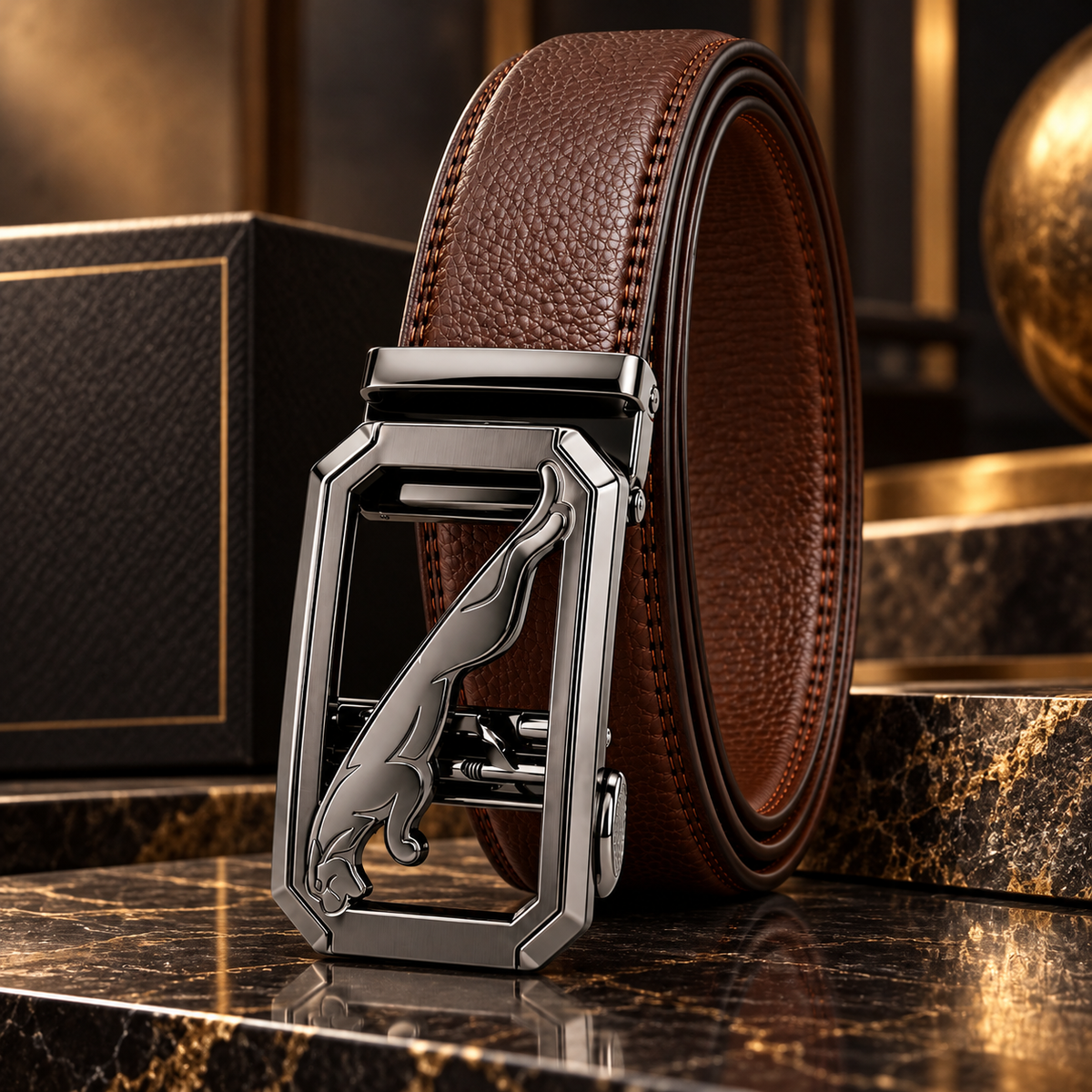 Rolled brown genuine leather auto lock belt displaying its textured strap, contrast edge stitching and metallic buckle.