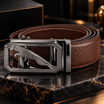 Close-up of the Monarzo Embercrest brown textured leather strap, contrast stitching and polished auto-lock buckle.