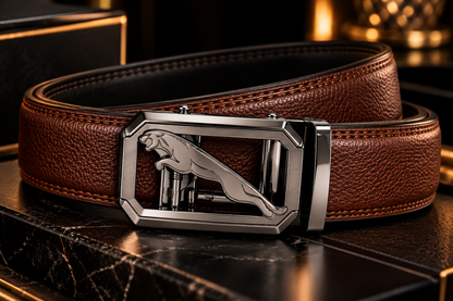 Monarzo Embercrest brown textured genuine leather auto lock belt with contrast stitching and polished rectangular buckle.
